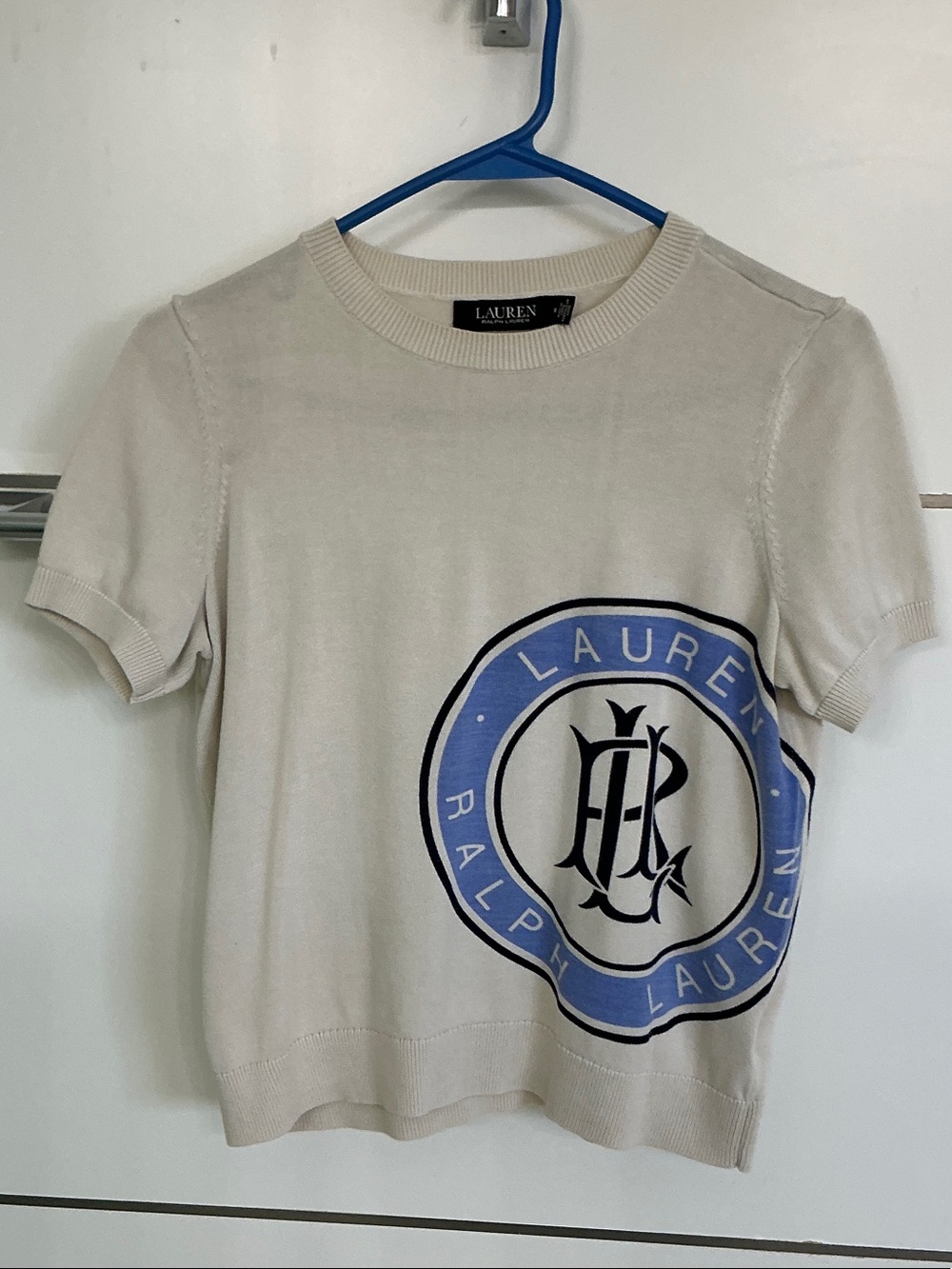Ralph Lauren Cream Short Sleeve Knit with Blue Emblem